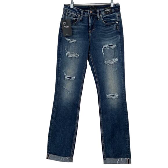 Silver Jeans Denim - Silver Beau Girlfriend Fit Jeans Size 25 Mid Rise Ripped Stretch Denim Indigo